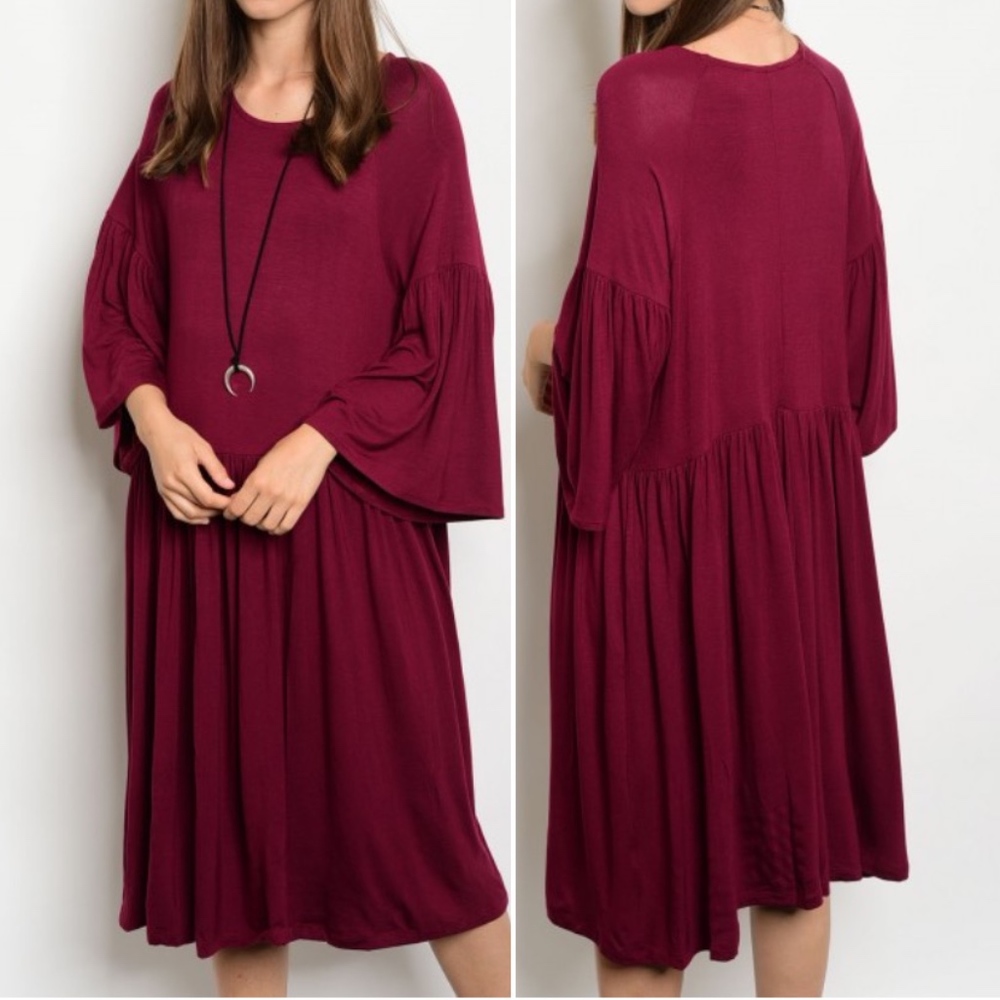 Scoop Neck Long Bell Sleeve Draped Dress.